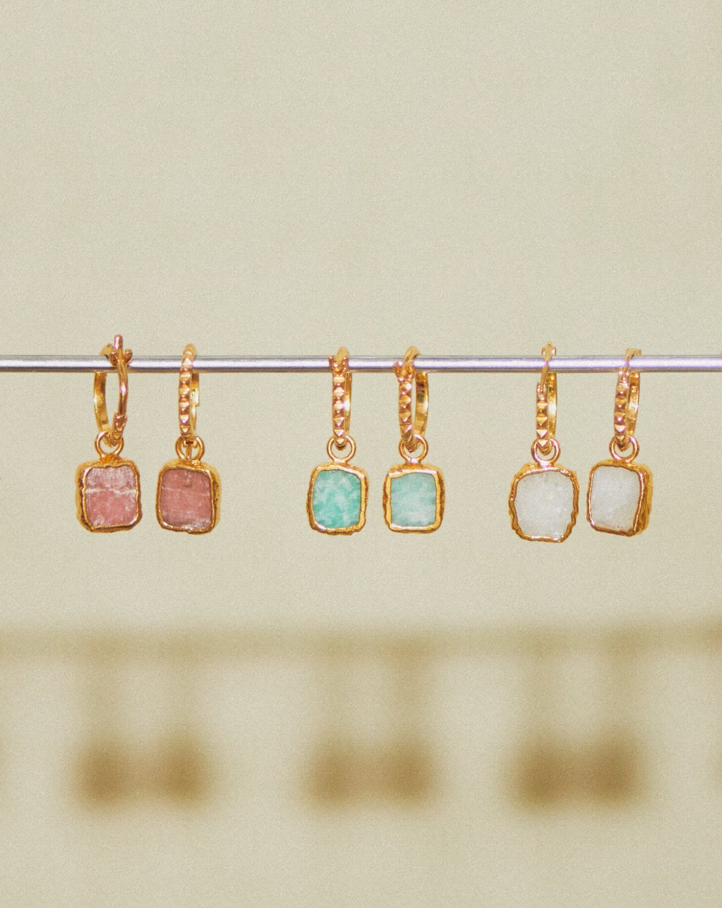 Mini Pyramid Charm Hoop Earrings | 18ct Gold Vermeil/Rhodochrosite
