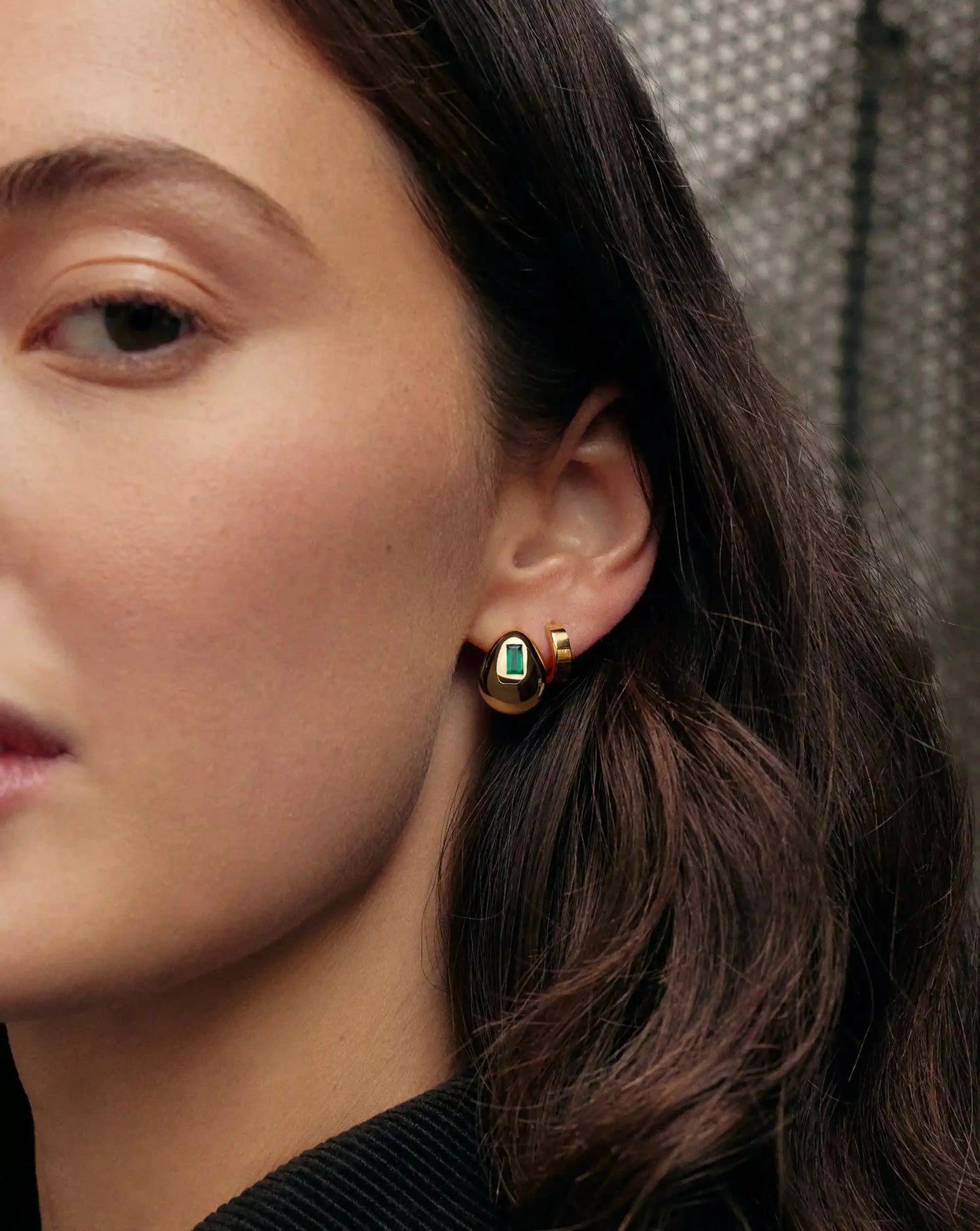 Molten Gemstone Dome Small Hoop Earrings | 18ct Gold Plated/Green Onyx