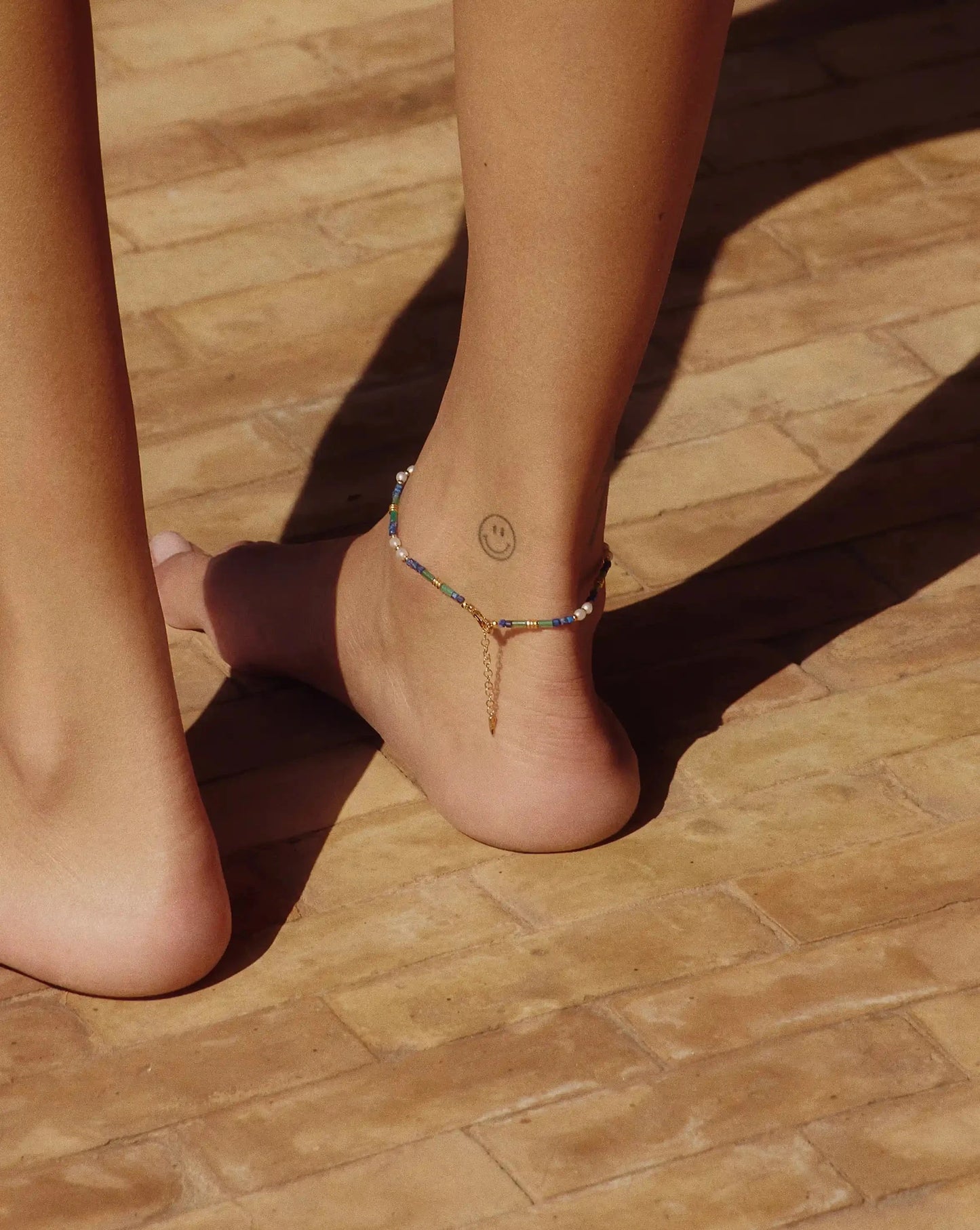Beaded Gemstone & Pearl Anklet | 18ct Gold Plated/Lagoon Blue