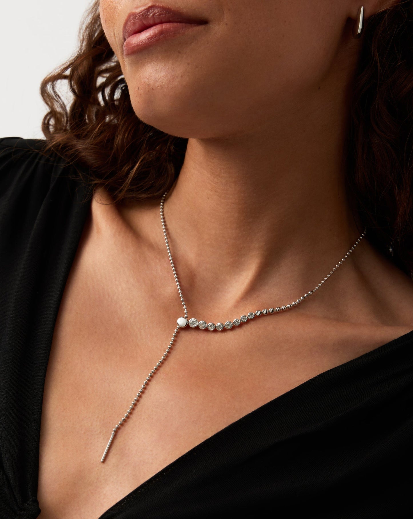 Beaded Stone Slider Lariat Necklace | Sterling Silver Cubic Zirconia