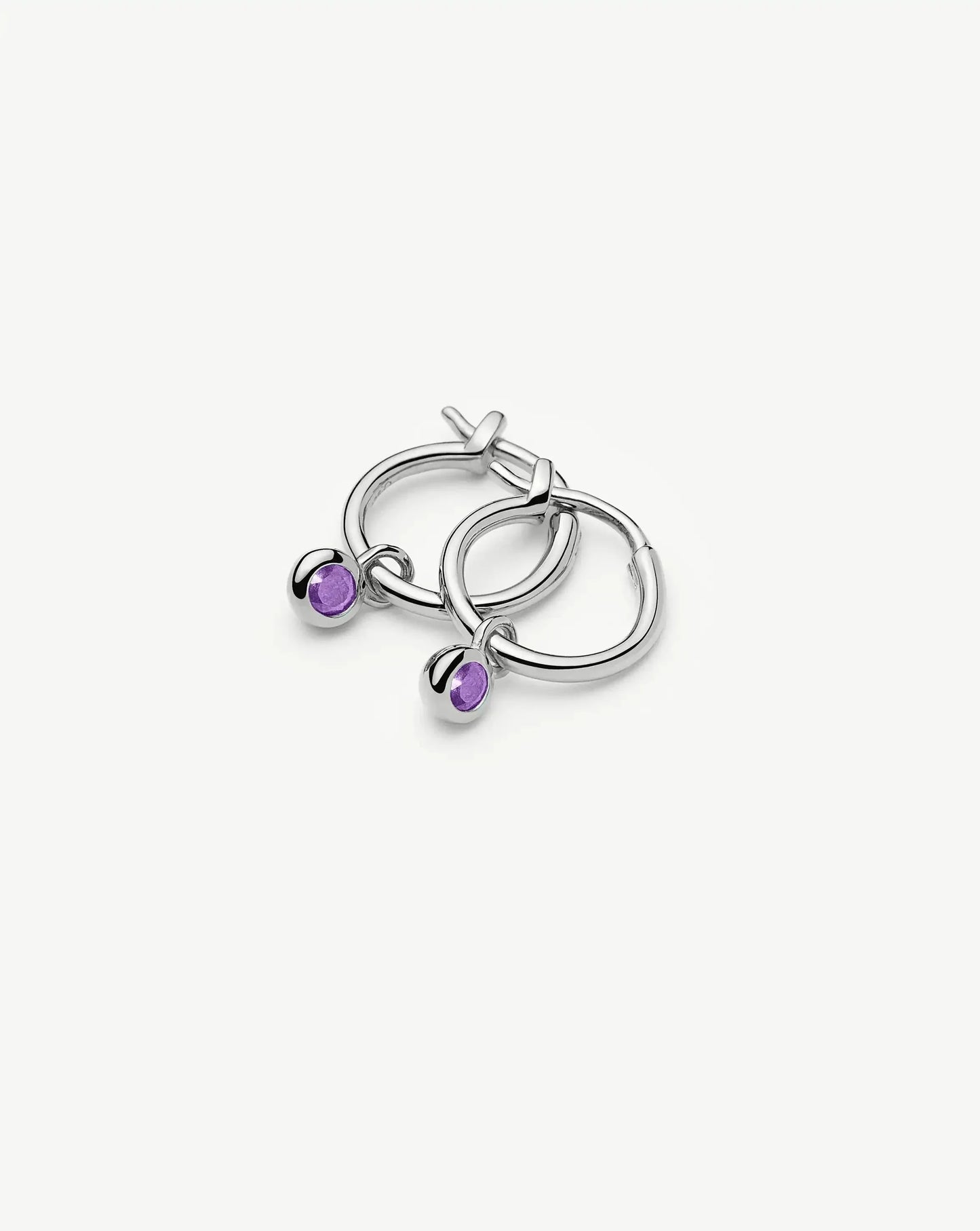 February Birthstone Mini Charm Hoop Earrings | Sterling Silver/Amethyst
