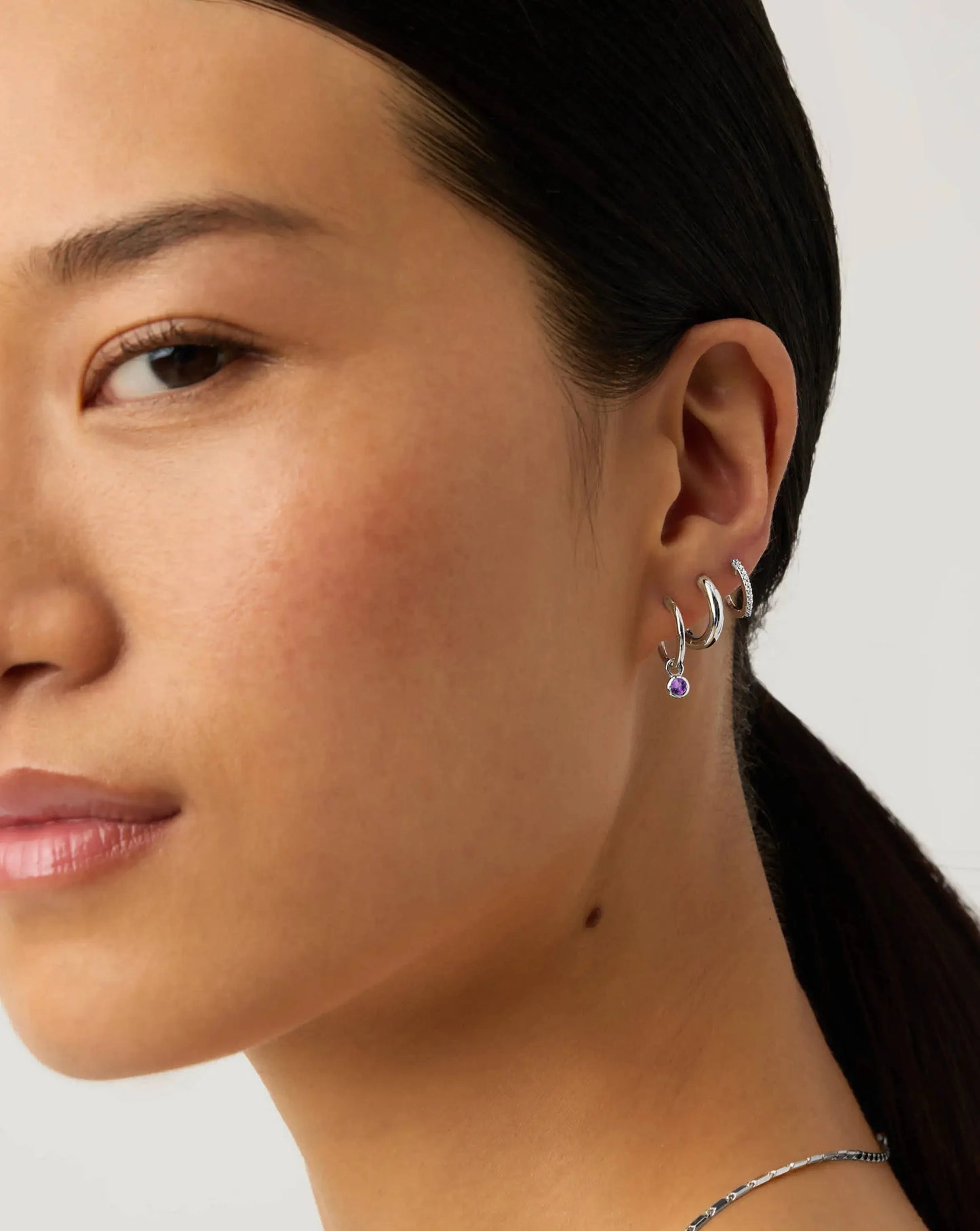 February Birthstone Mini Charm Hoop Earrings | Sterling Silver/Amethyst