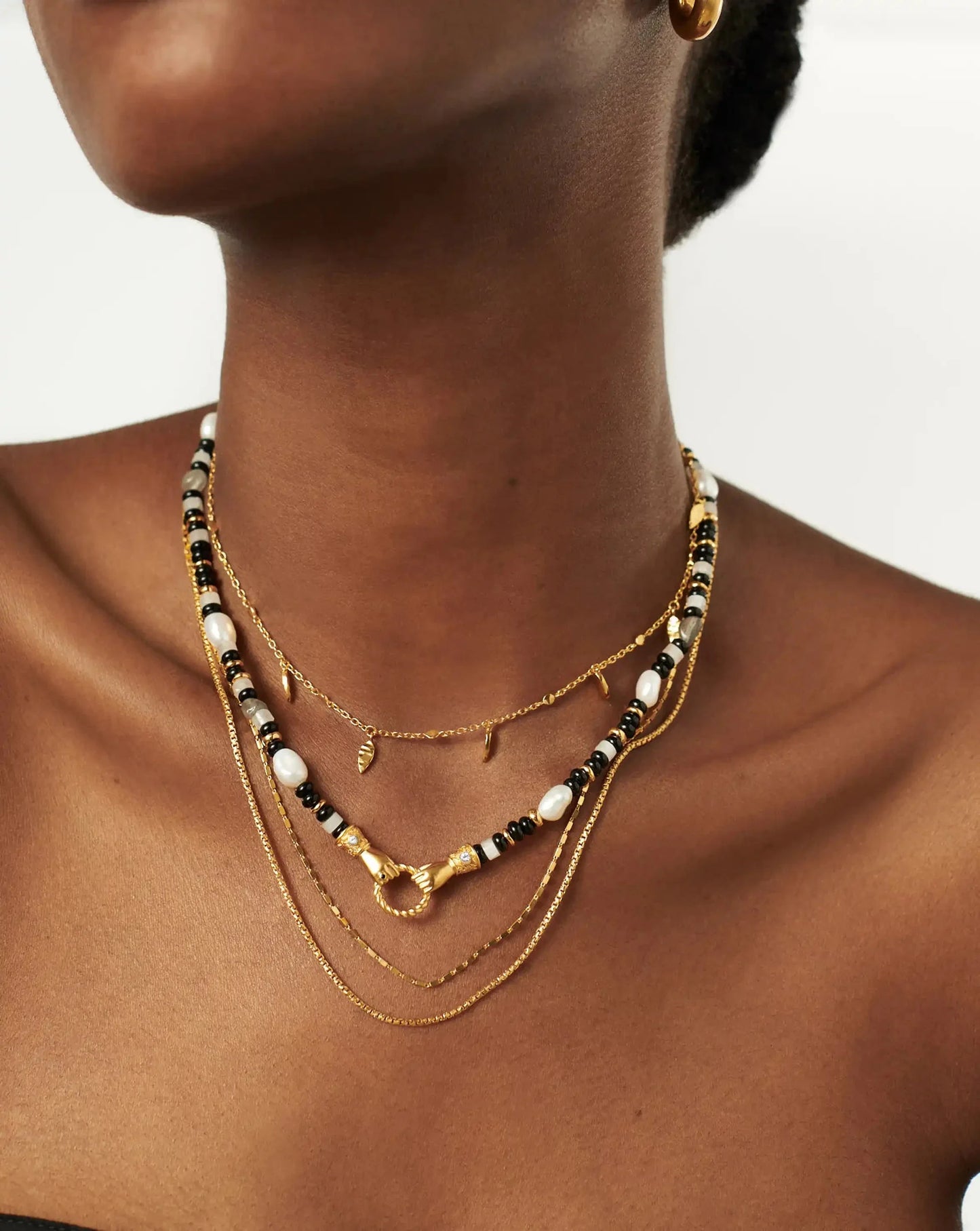 Harris Reed In Good Hands Beaded Gemstone Necklace | 18ct Gold Plated/Black Chalcedony & Pearl