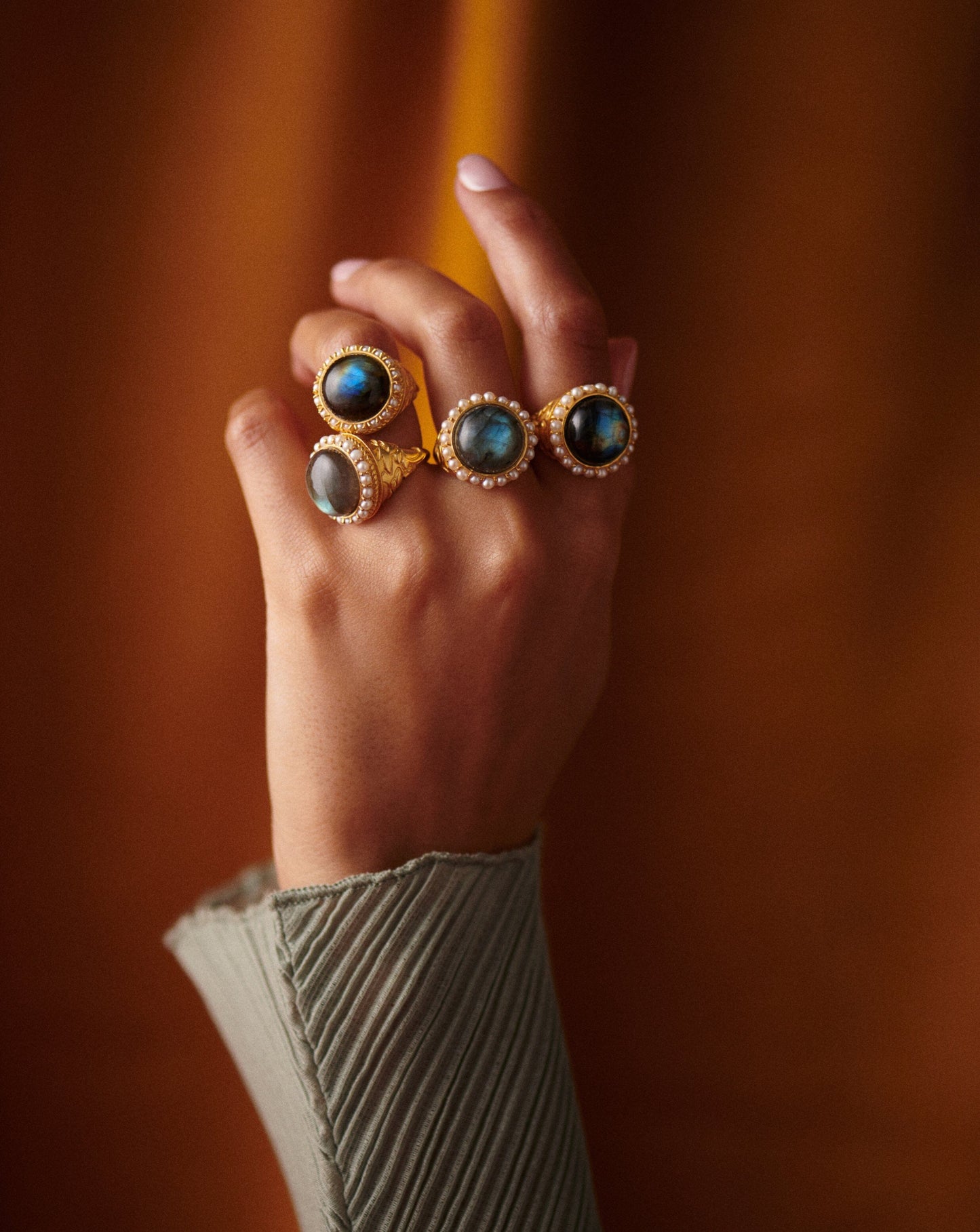 Harris Reed Labradorite Cocktail Ring | 18ct Gold Plated/Pearl & Labradorite