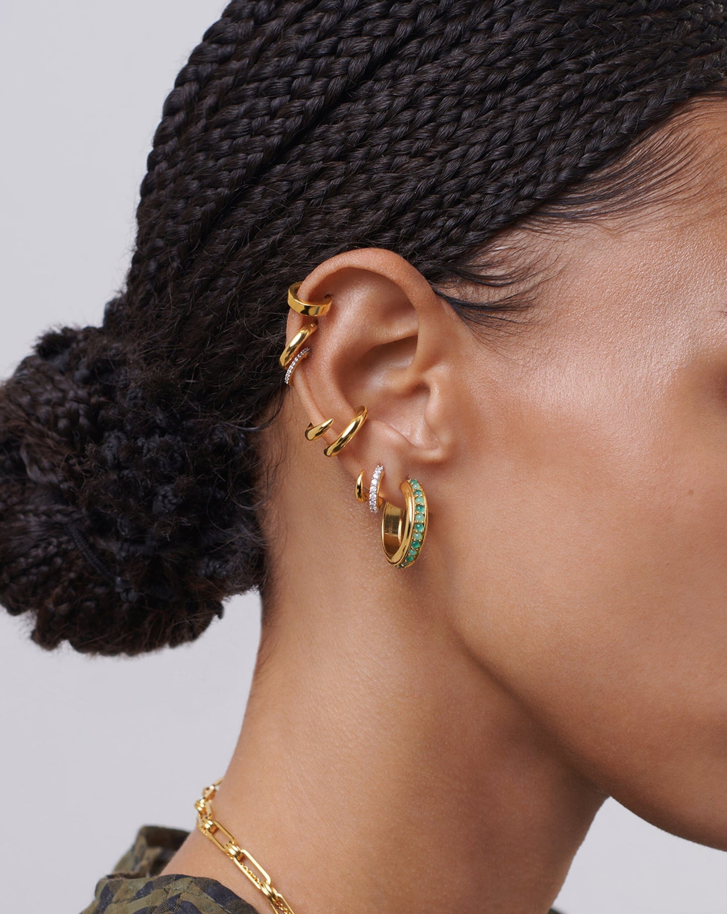 Hot Rox Gemstone Medium Hoop Earrings | 18ct Gold Vermeil/Green Onyx & Chalcedony