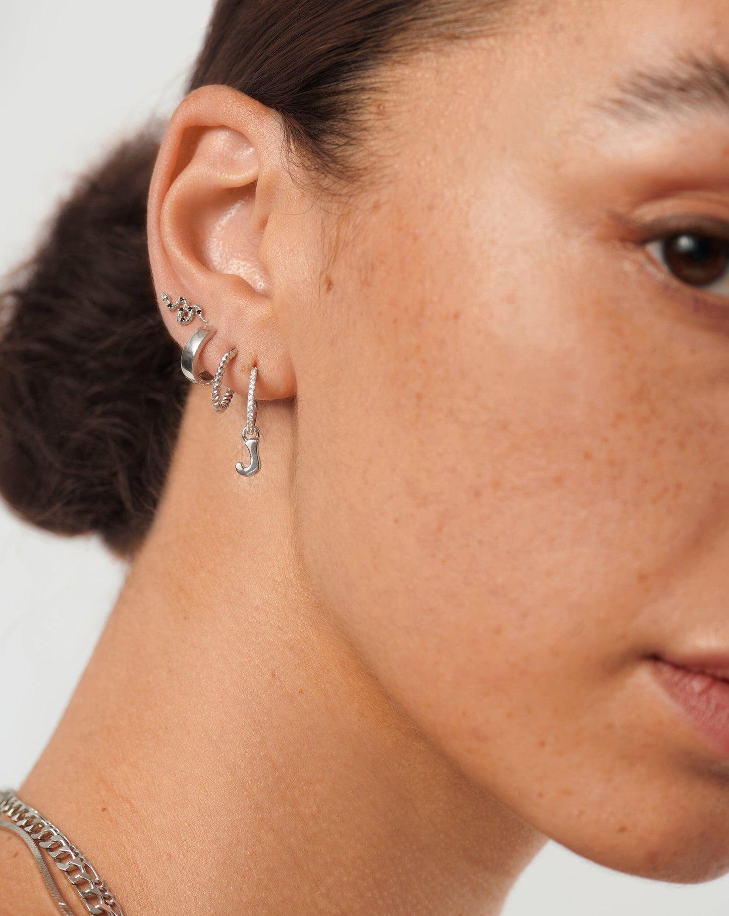 Initial Single Charm Hoop Earring  - Initial J | Sterling Silver