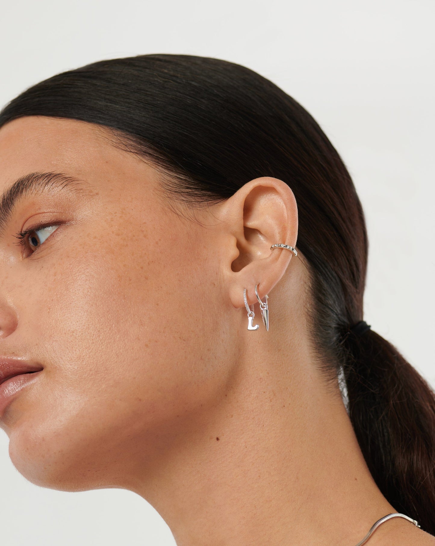 Initial Single Charm Hoop Earring  - Initial L | Sterling Silver
