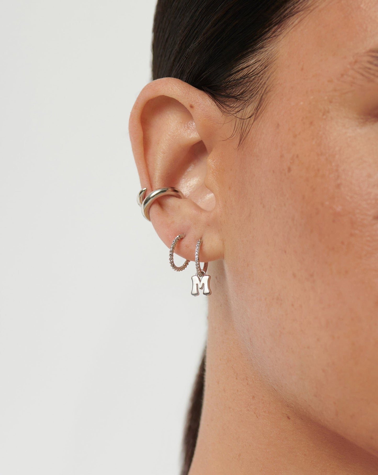 Initial Single Charm Hoop Earring  - Initial M | Sterling Silver