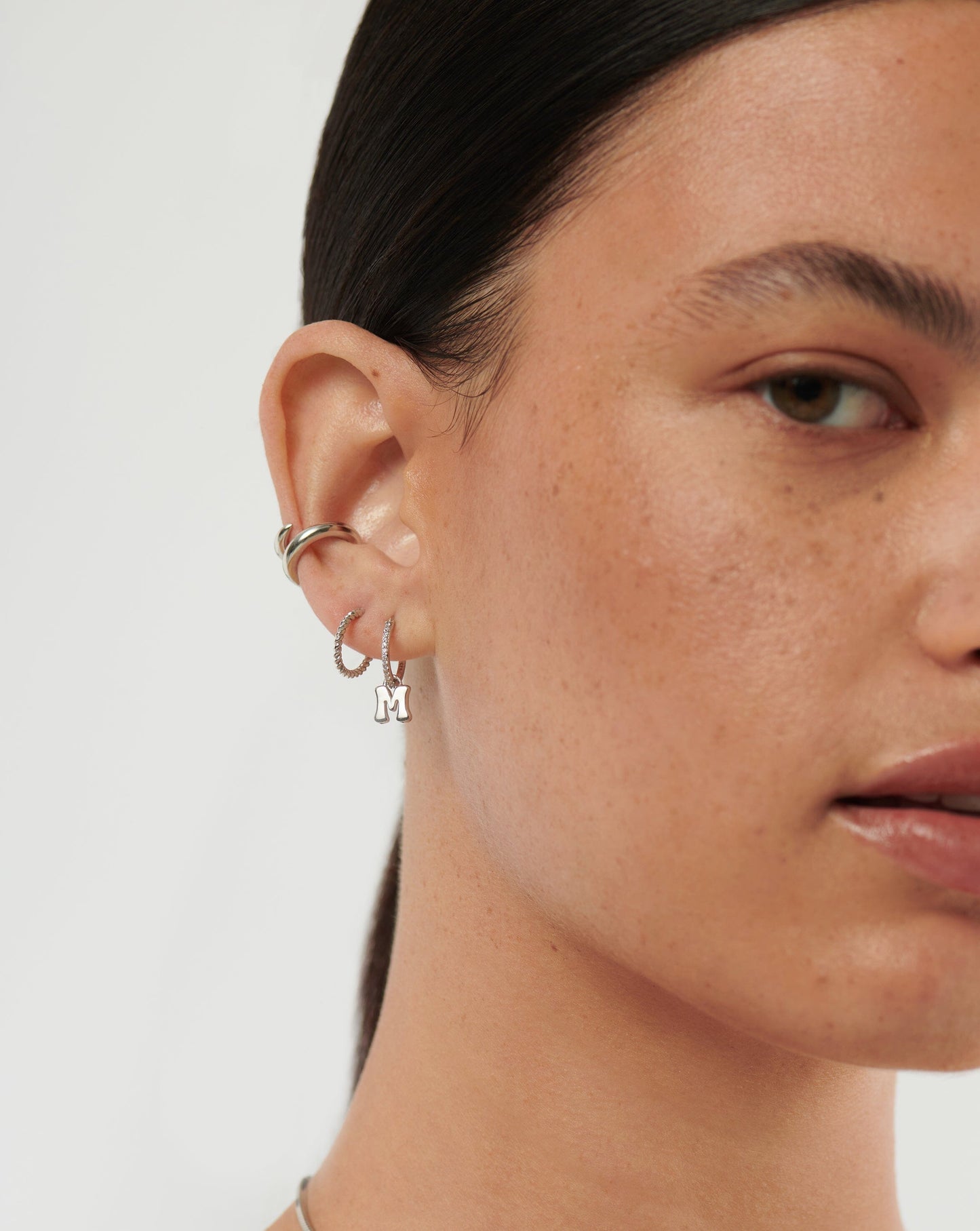 Initial Single Charm Hoop Earring  - Initial M | Sterling Silver