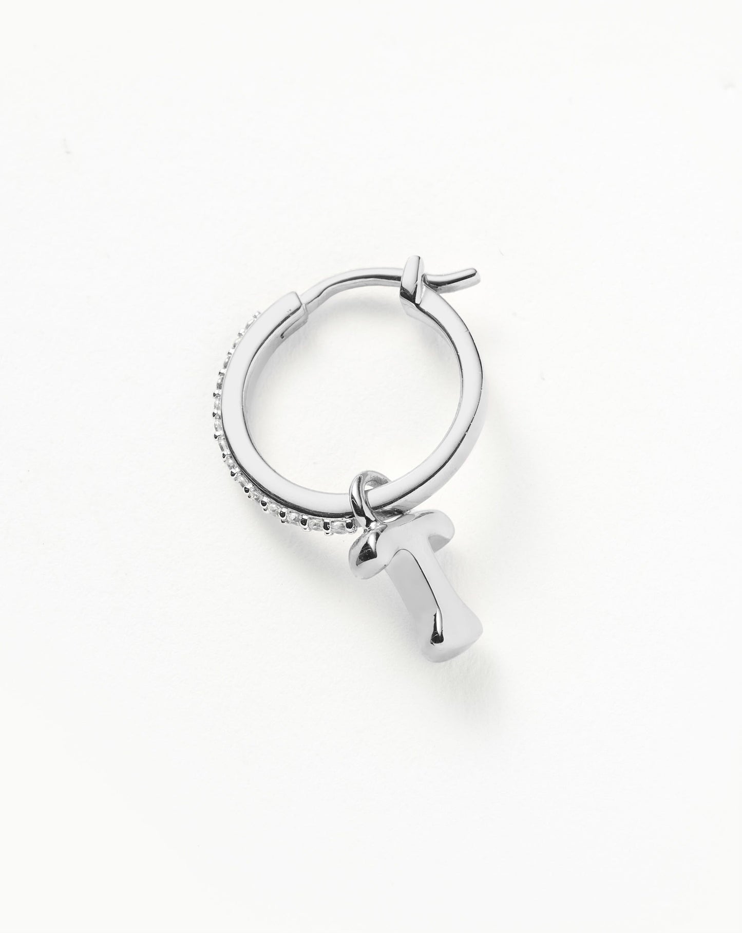 Initial Single Charm Hoop Earring  - Initial T | Sterling Silver