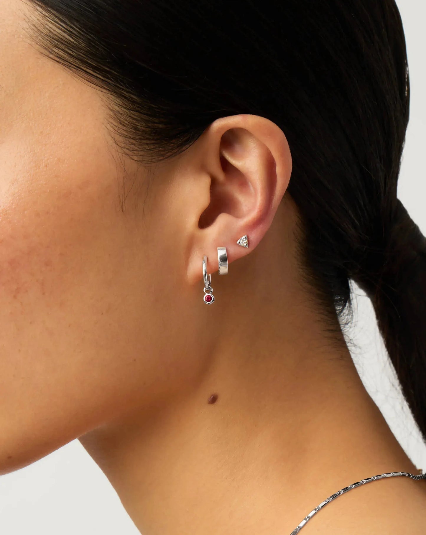 January Birthstone Mini Charm Hoop Earrings | Sterling Silver/Garnet
