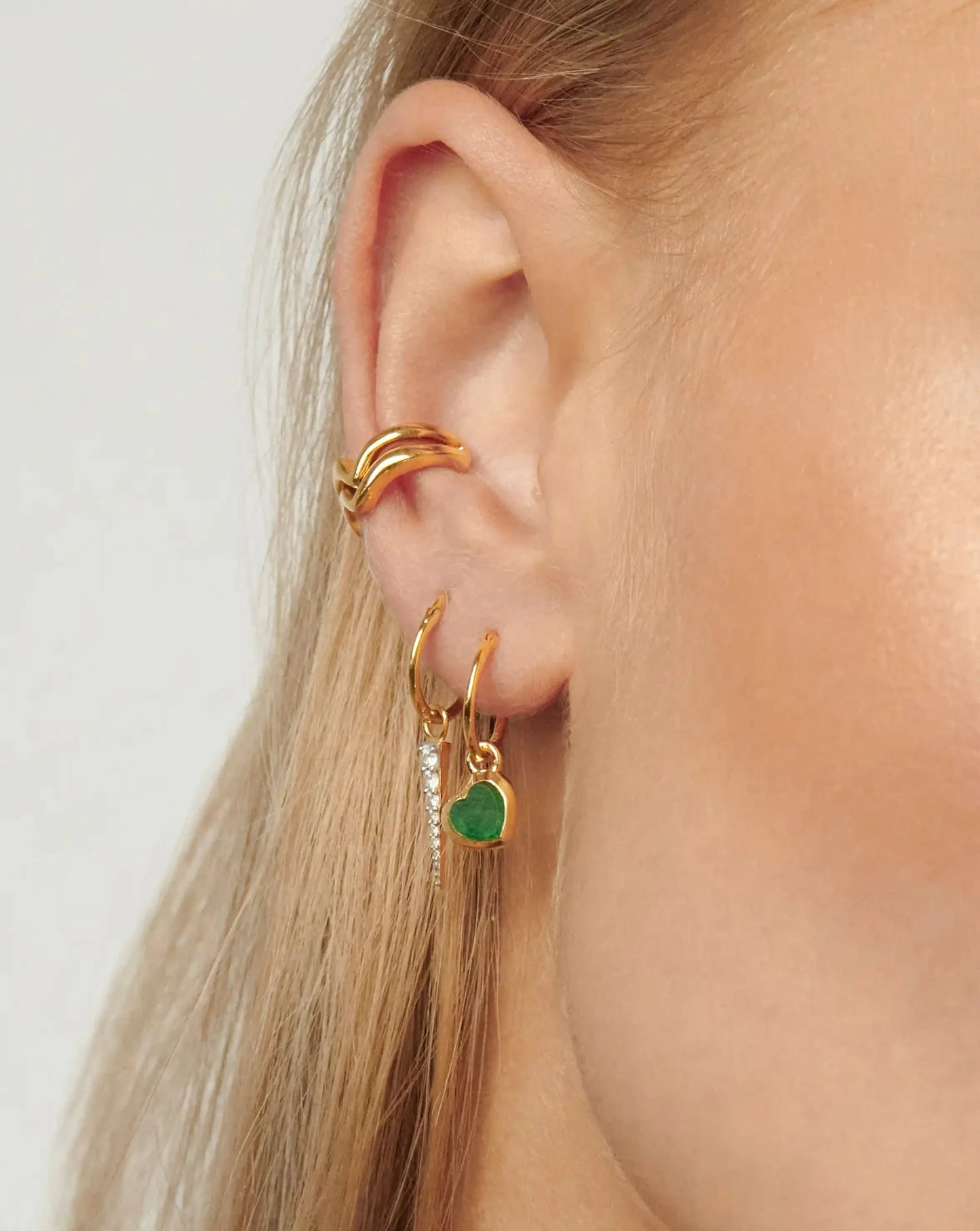 Jelly Heart Charm Mini Hoop Earrings | 18ct Gold Vermeil/Green Chalcedony