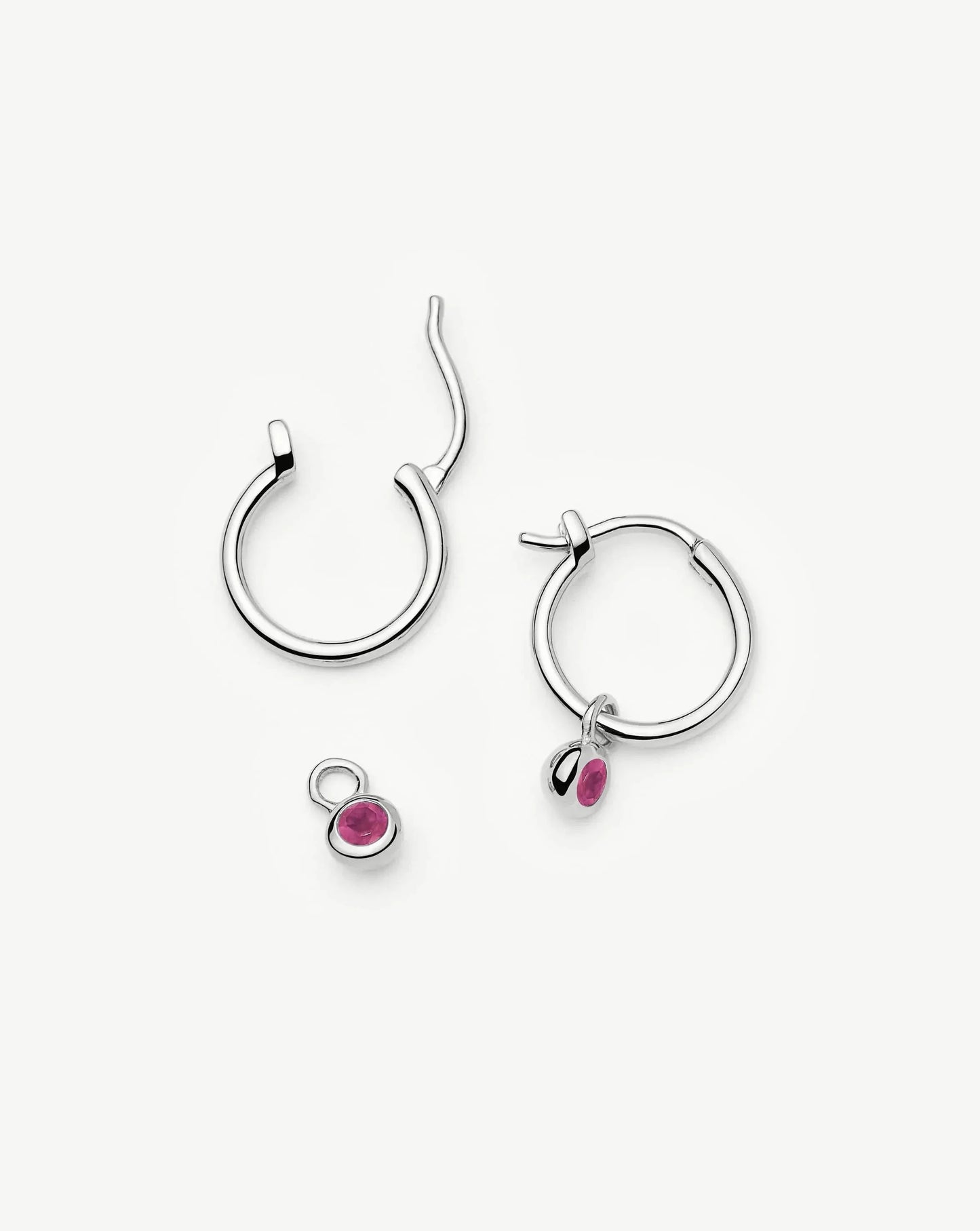 July Birthstone Mini Charm Hoop Earrings | Sterling Silver/Glass Filled Ruby