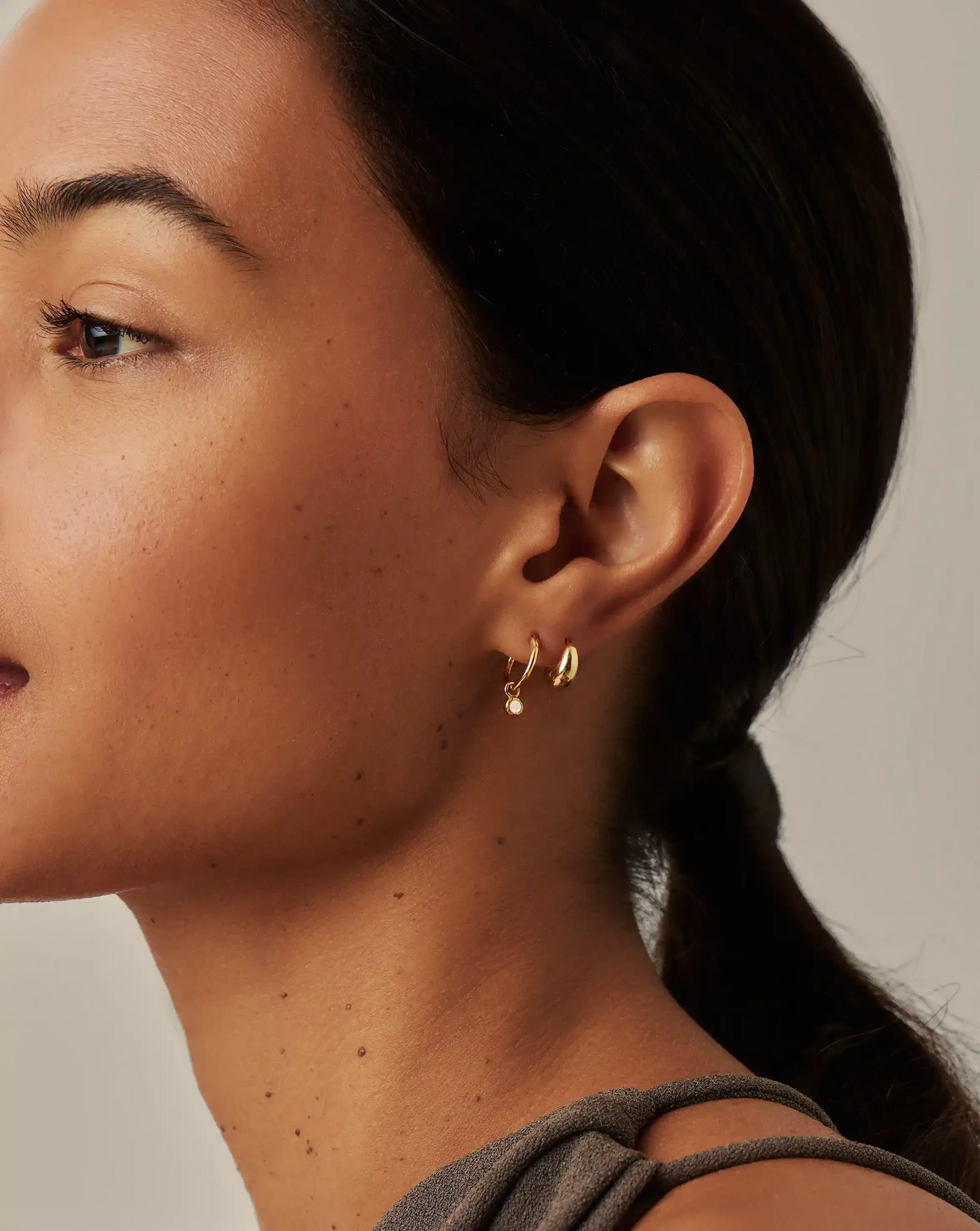 June Birthstone Mini Charm Hoop Earrings | 18ct Gold Vermeil/Rainbow Moonstone