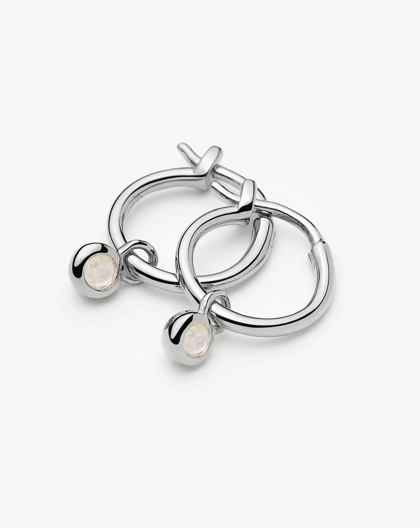 June Birthstone Mini Charm Hoop Earrings | Sterling Silver/Rainbow Moonstone