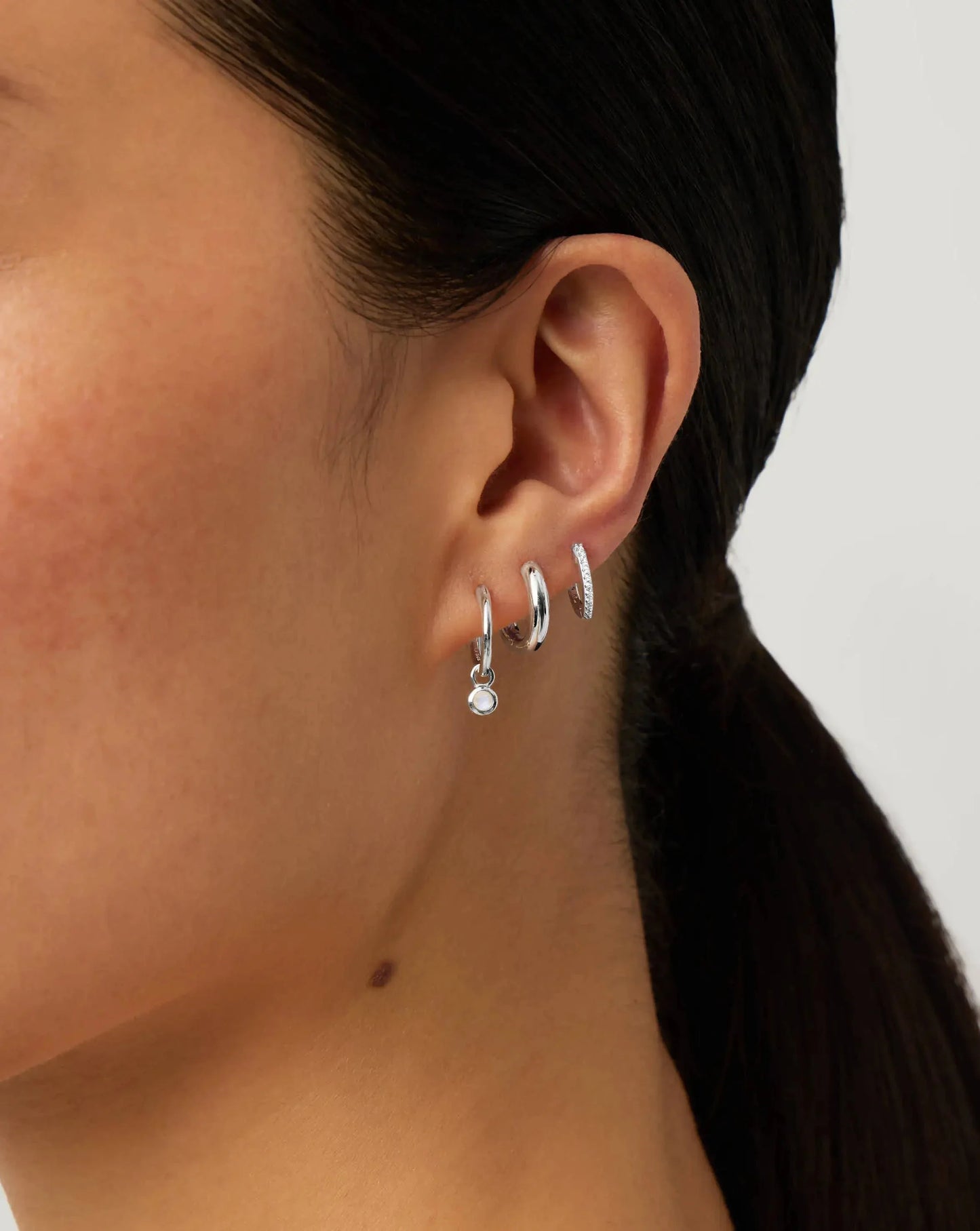 June Birthstone Mini Charm Hoop Earrings | Sterling Silver/Rainbow Moonstone