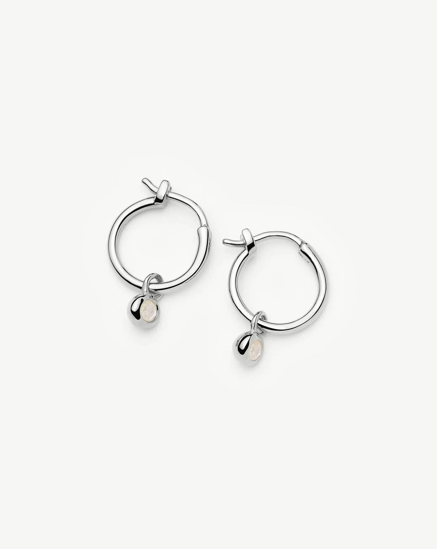 June Birthstone Mini Charm Hoop Earrings | Sterling Silver/Rainbow Moonstone