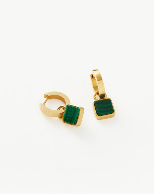 Lucy Williams Square Malachite Charm Hoop Earrings  | 18ct Gold Vermeil/Malachite