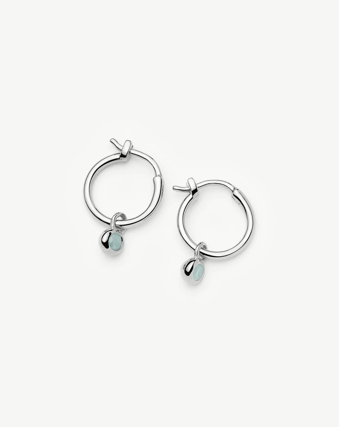 March Birthstone Mini Charm Hoop Earrings | Sterling Silver/Milky Aquamarine