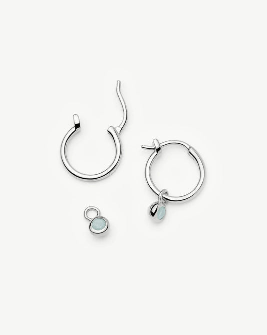March Birthstone Mini Charm Hoop Earrings | Sterling Silver/Milky Aquamarine
