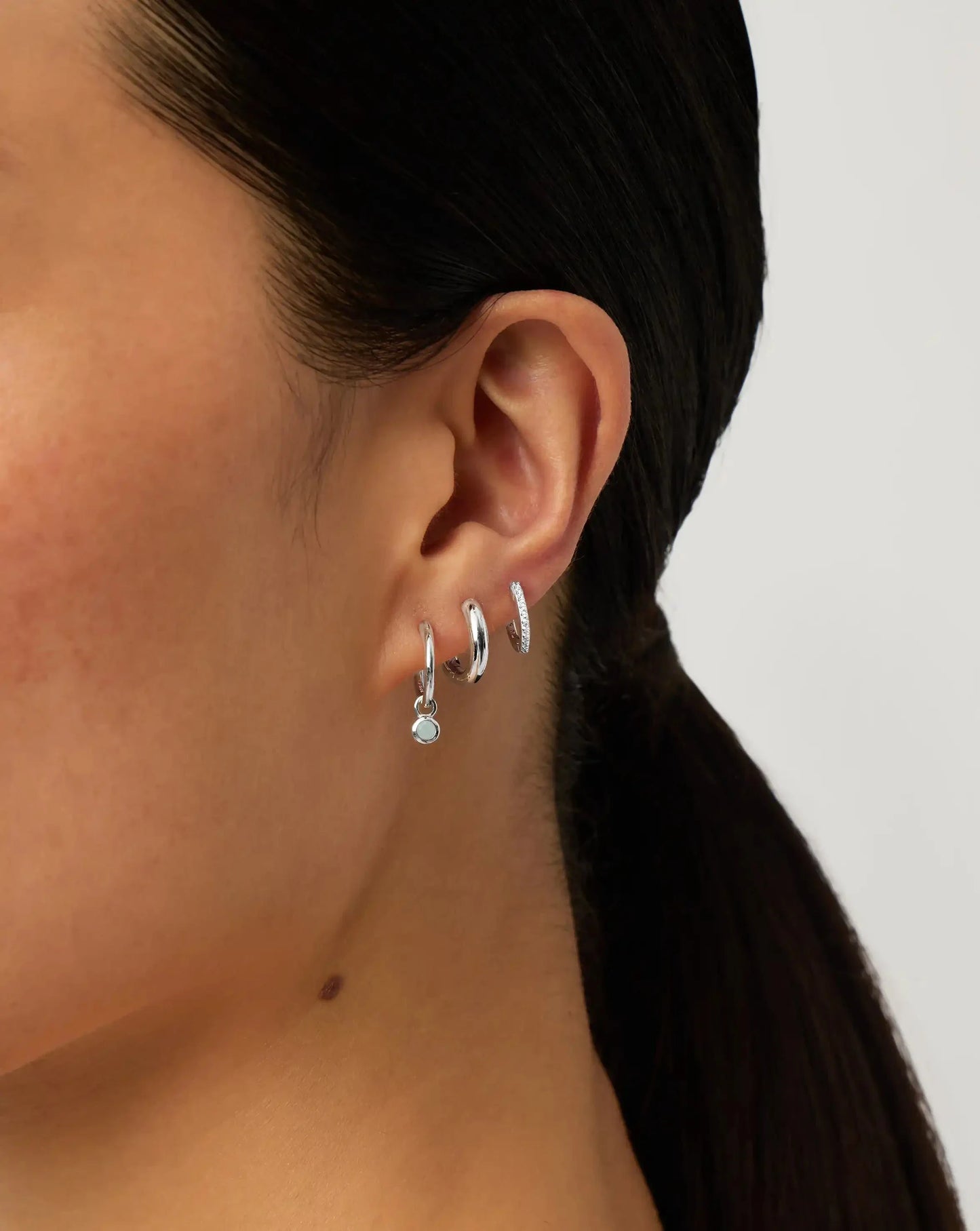 March Birthstone Mini Charm Hoop Earrings | Sterling Silver/Milky Aquamarine