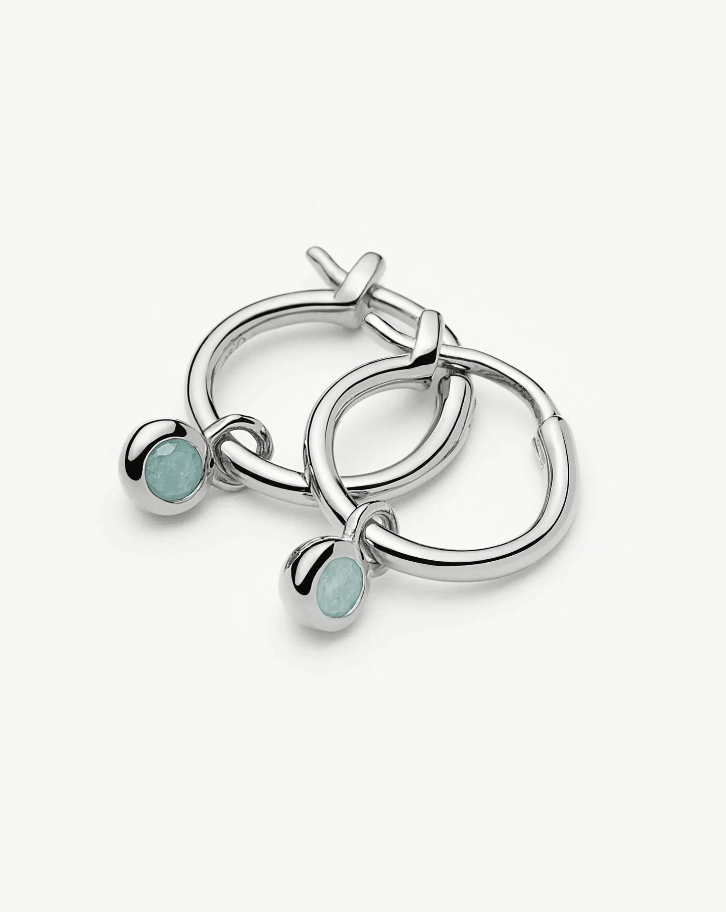 March Birthstone Mini Charm Hoop Earrings | Sterling Silver/Milky Aquamarine