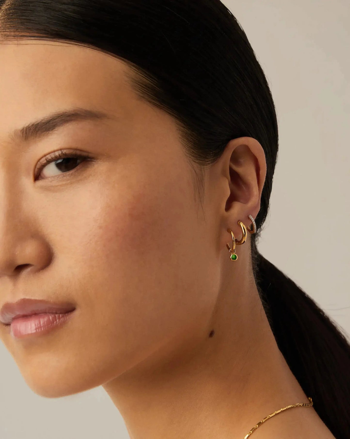 May Birthstone Mini Charm Hoop Earrings | 18ct Gold Vermeil/Green Onyx