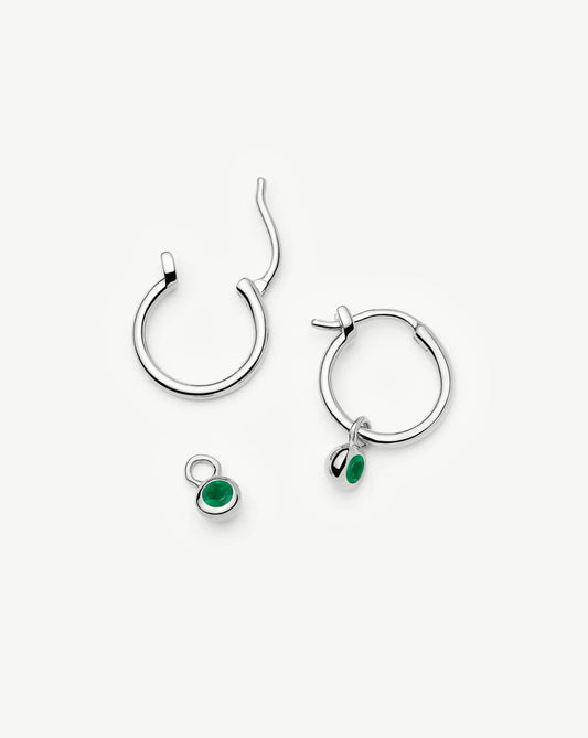 May Birthstone Mini Charm Hoop Earrings | Sterling Silver/Green Onyx