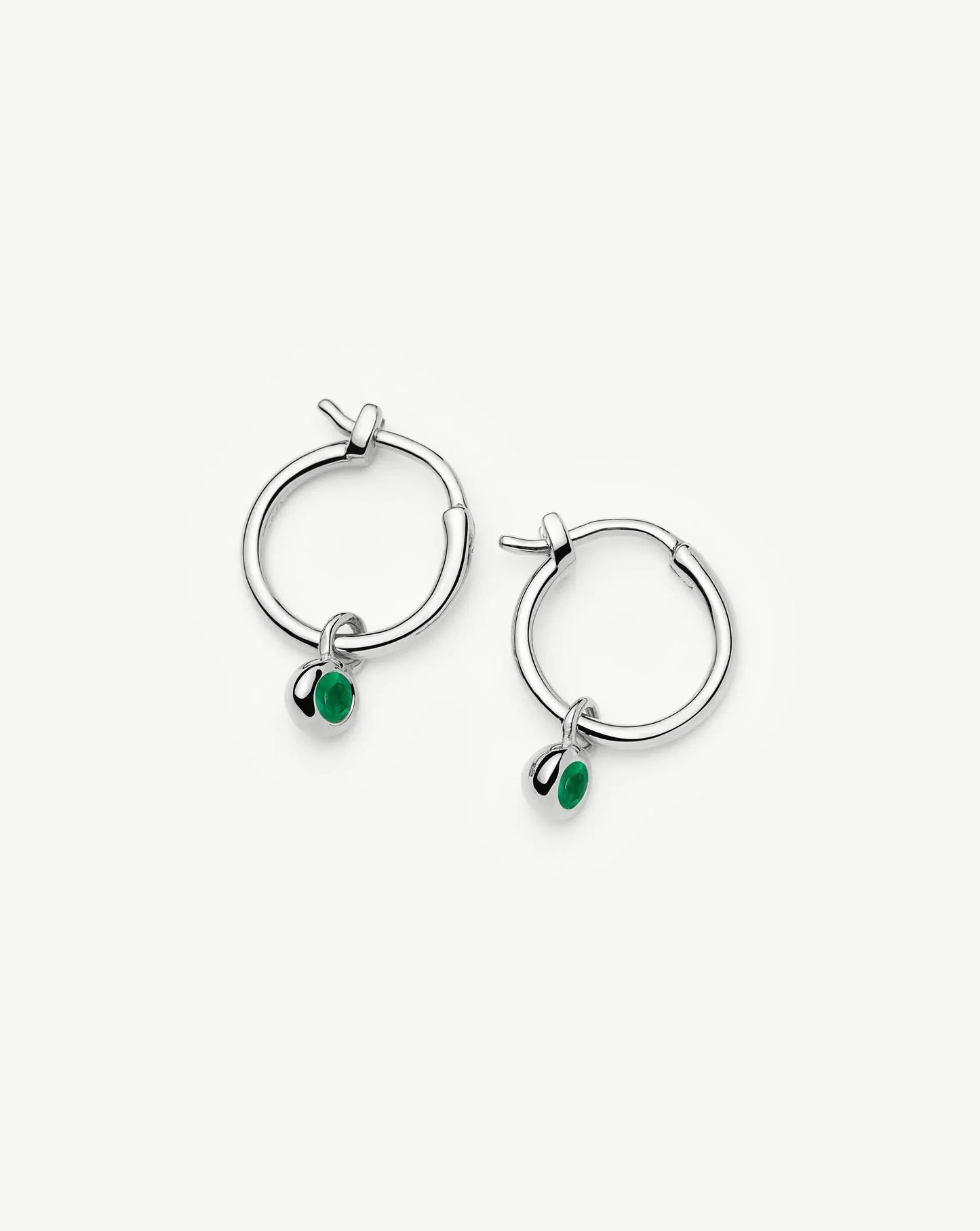 May Birthstone Mini Charm Hoop Earrings | Sterling Silver/Green Onyx
