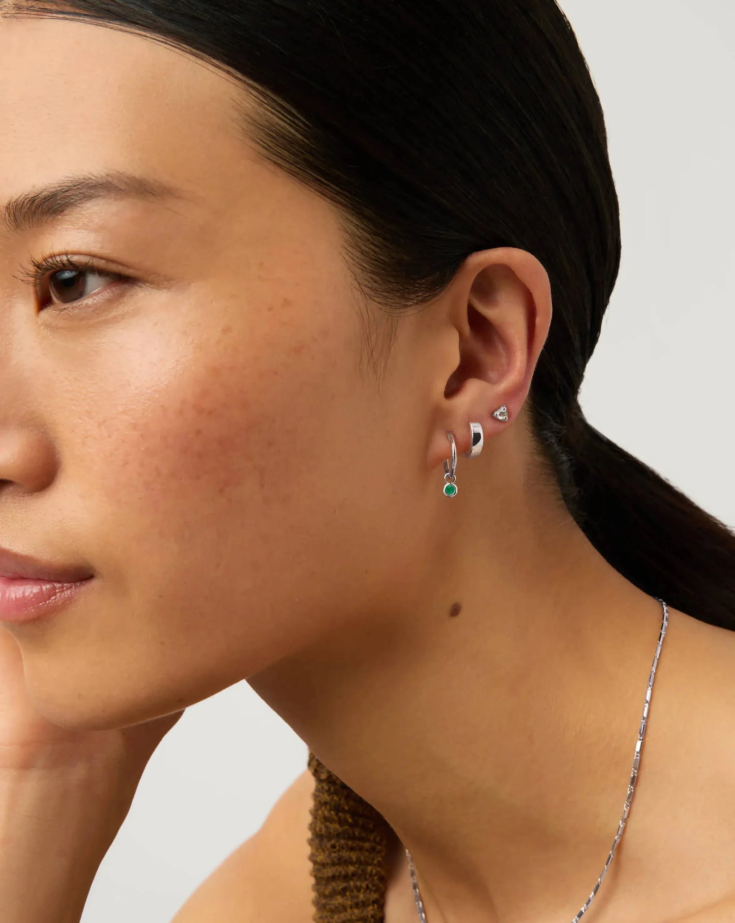 May Birthstone Mini Charm Hoop Earrings | Sterling Silver/Green Onyx