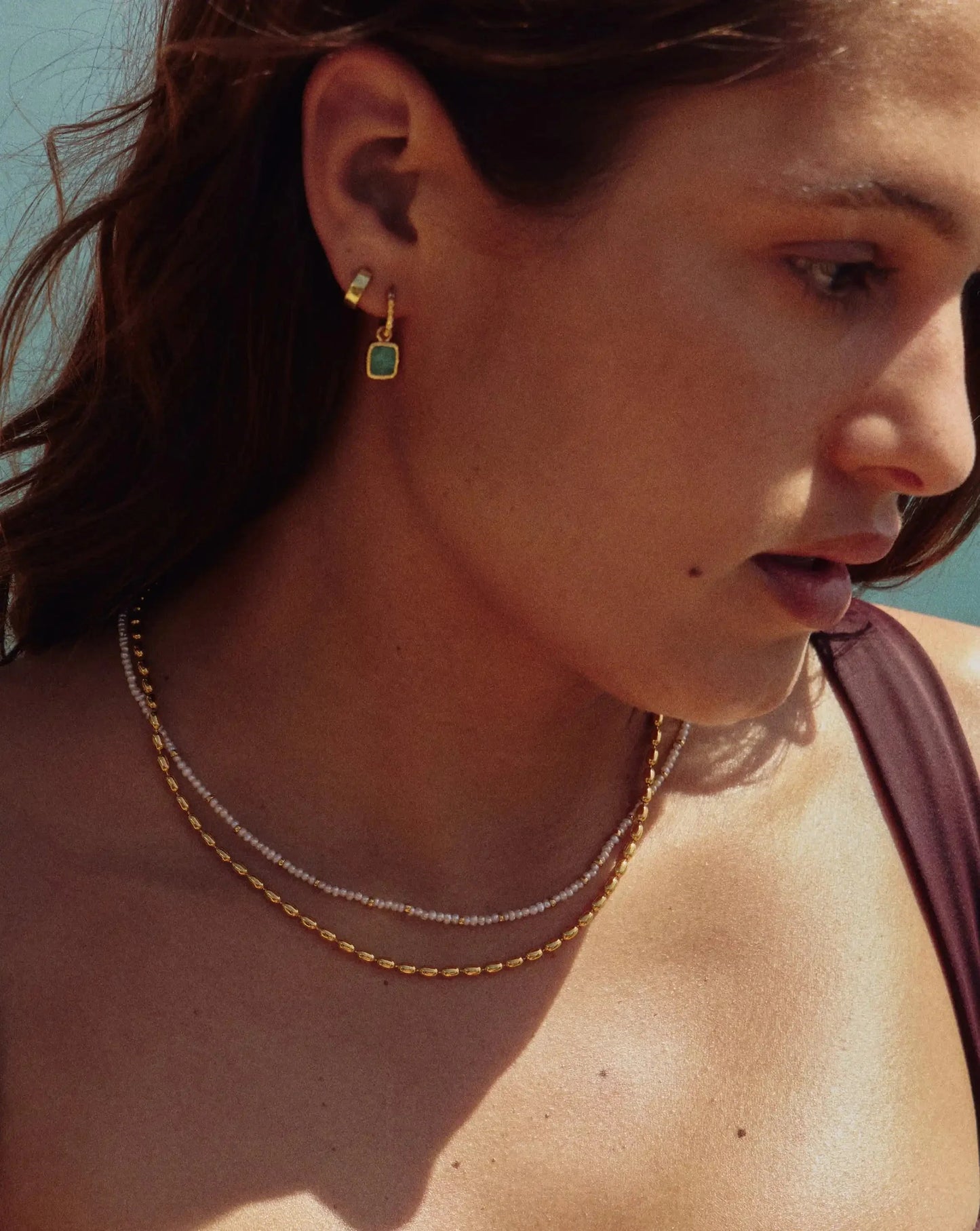 Mini Pyramid Charm Hoop Earrings | 18ct Gold Vermeil/Amazonite