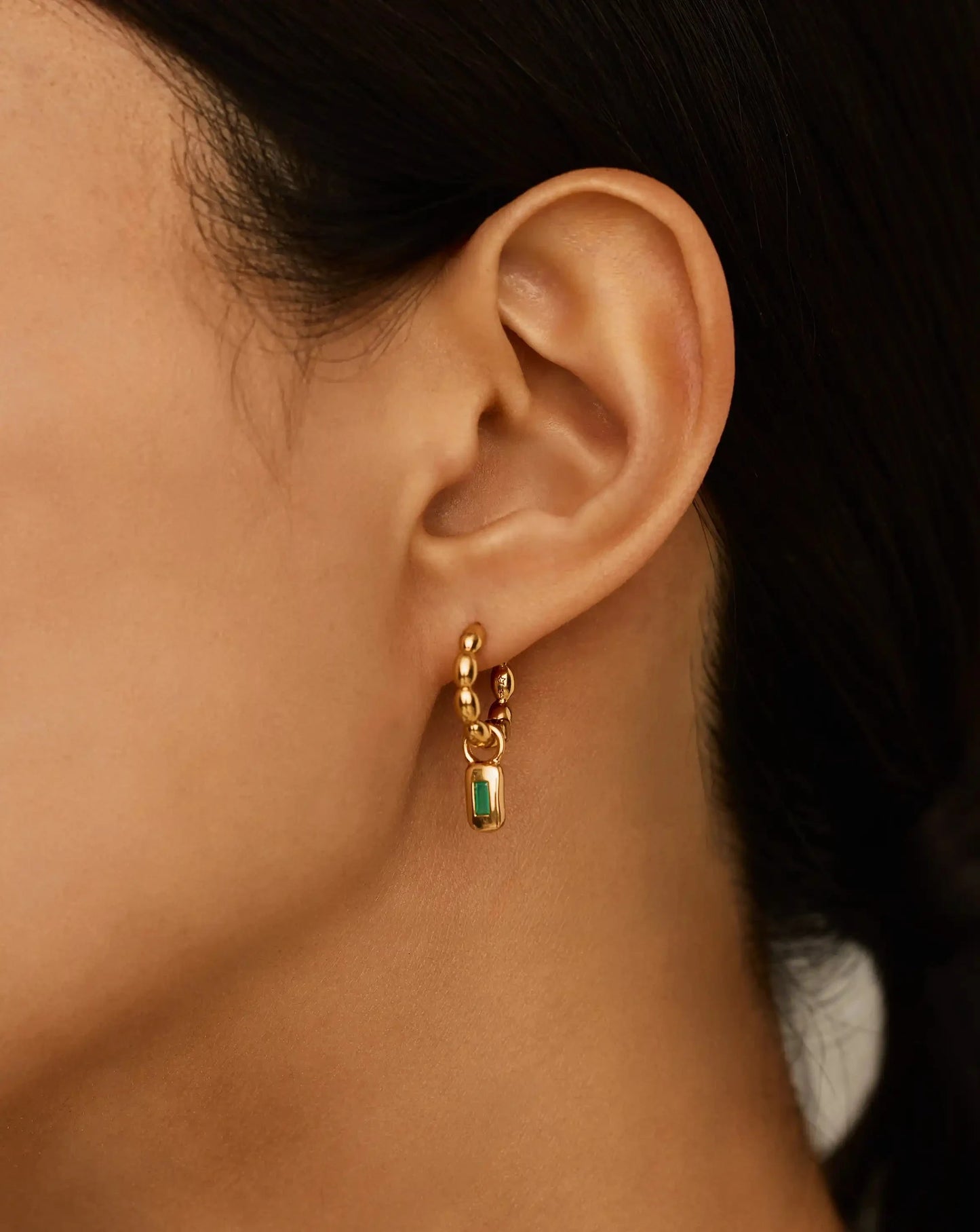Molten Gemstone Charm Hoop Earrings | 18ct Gold Plated/Green Onyx