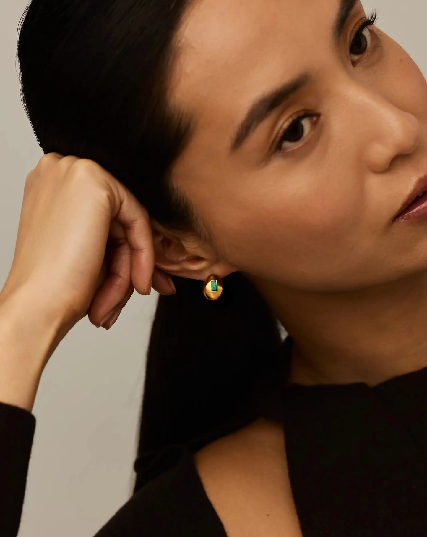Molten Gemstone Dome Small Hoop Earrings | 18ct Gold Plated/Green Onyx