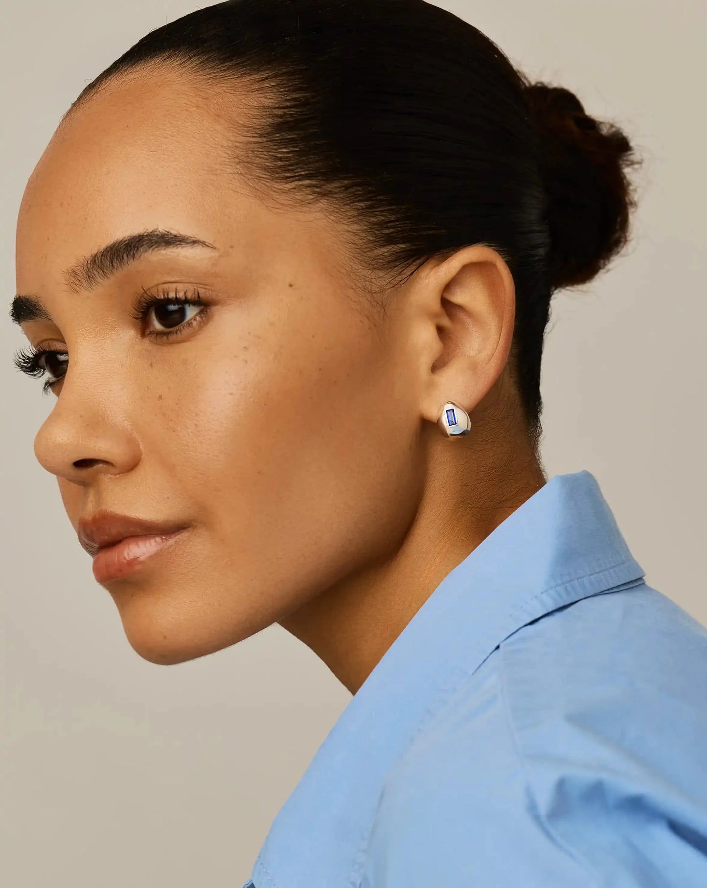 Molten Gemstone Dome Small Hoop Earrings | Silver Plated/Lab Grown Blue Sapphire