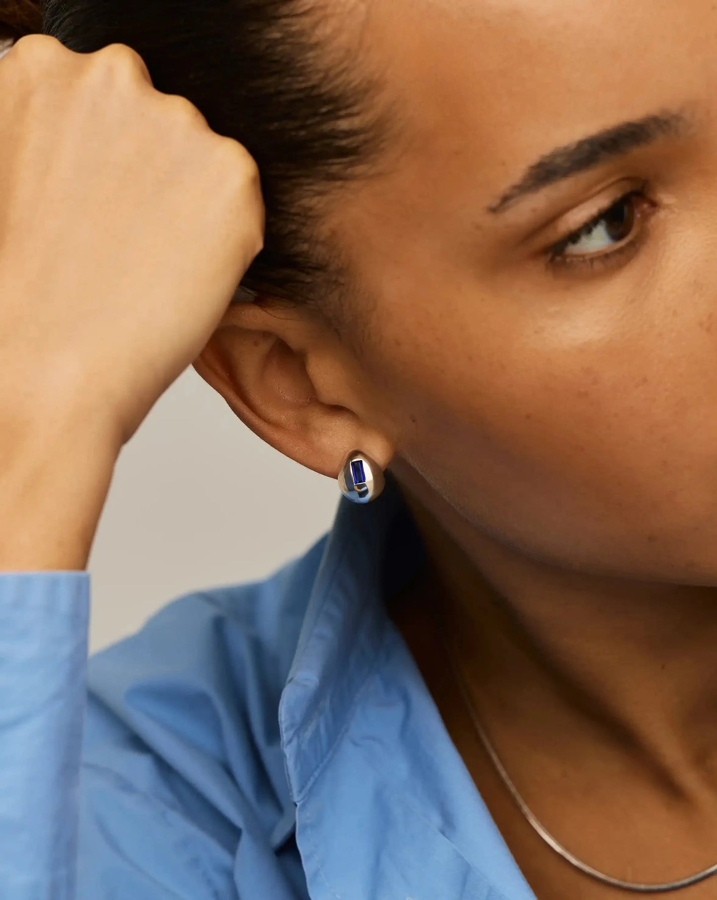 Molten Gemstone Dome Small Hoop Earrings | Silver Plated/Lab Grown Blue Sapphire