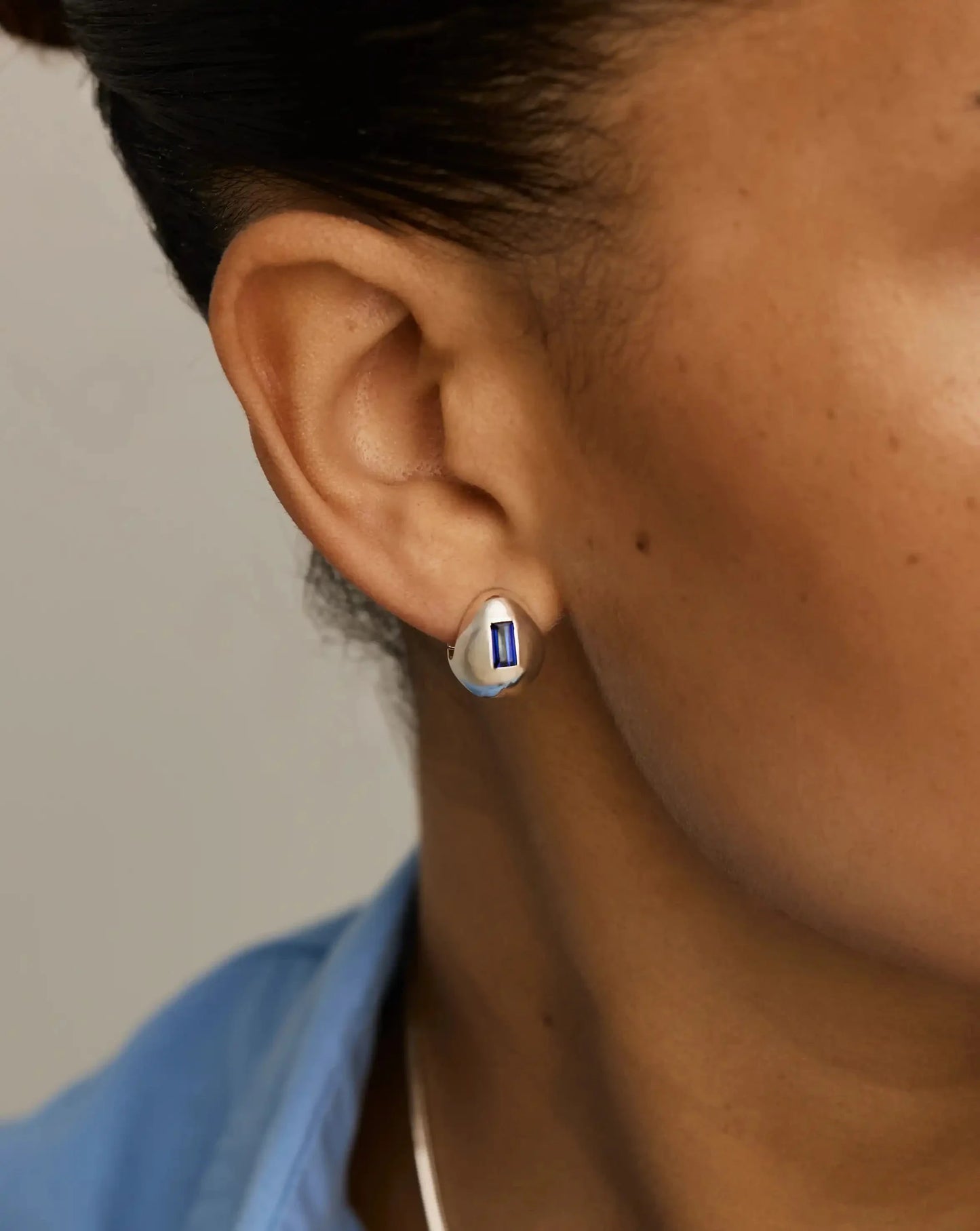 Molten Gemstone Dome Small Hoop Earrings | Silver Plated/Lab Grown Blue Sapphire
