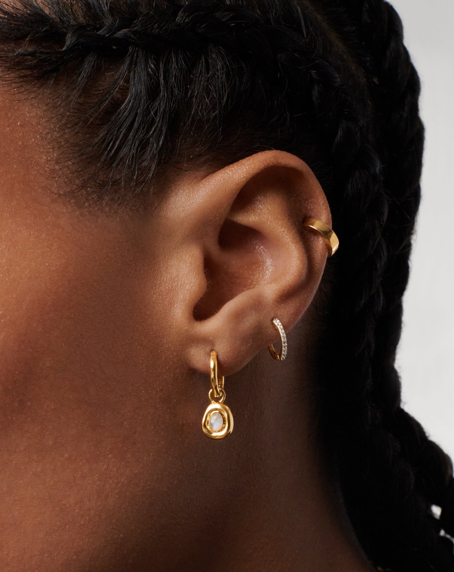 Molten Gemstone Doughnut Charm Mini Hoop Earrings | 18ct Gold Vermeil/Rainbow Moonstone